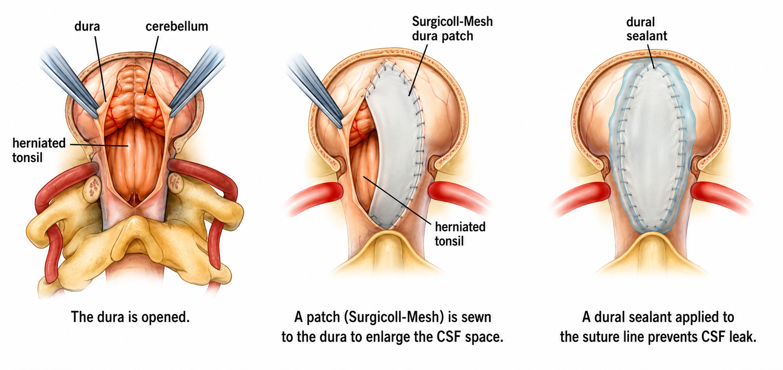 Three-step illustration of Chiari surgery: the dura is opened; a Surgicoll-Mesh patch is sewn to the dura to enlarge the CSF space; a dural sealant is applied to the suture line to prevent CSF leak.